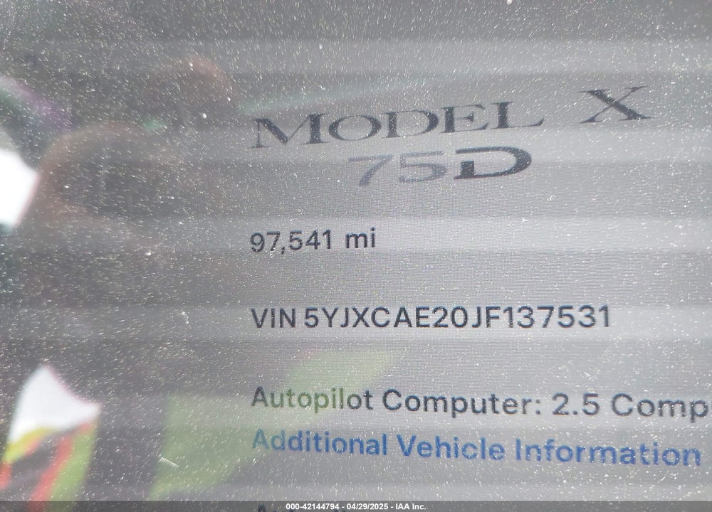 2018 TESLA MODEL X 100D/75D/P100D VIN: 5YJXCAE20JF137531