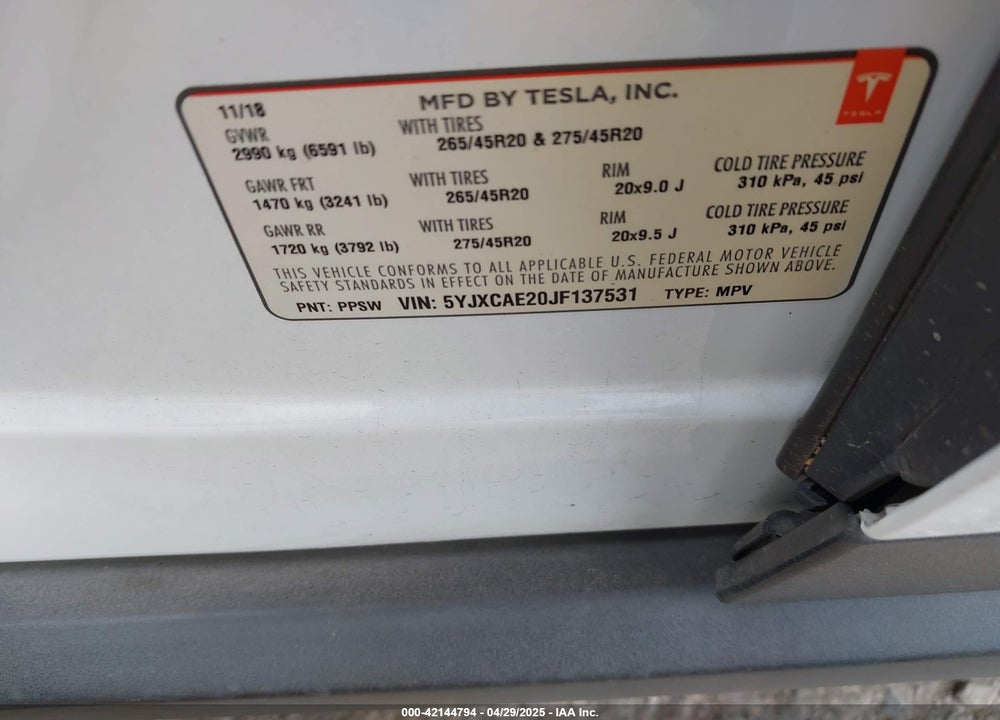 2018 TESLA MODEL X 100D/75D/P100D VIN: 5YJXCAE20JF137531