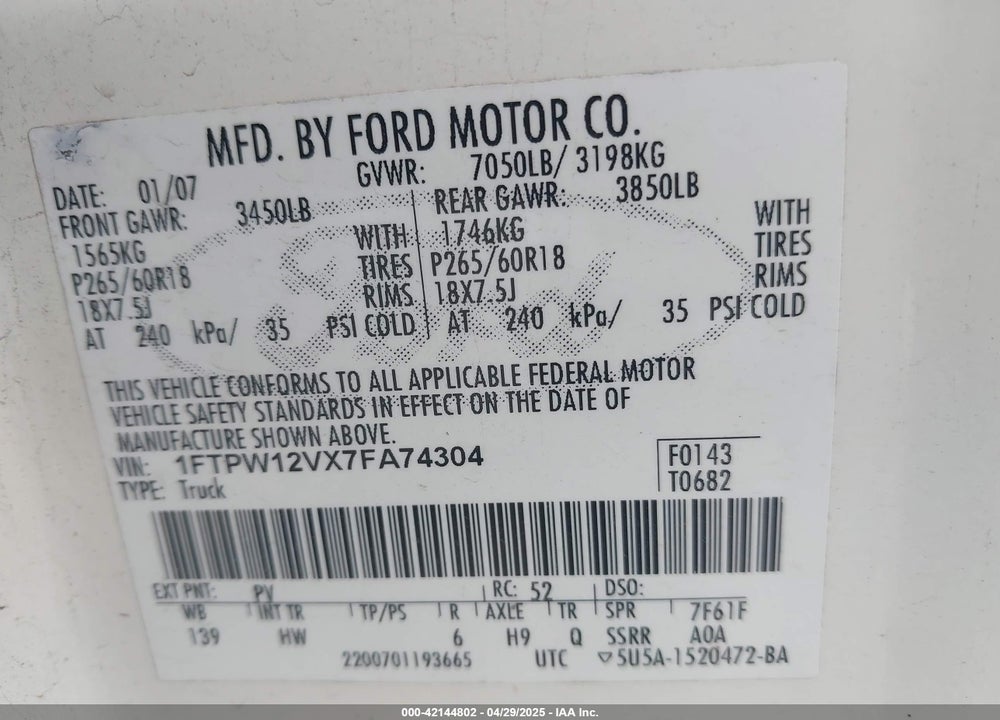 2007 FORD F-150 LARIAT/XLT VIN: 1FTPW12VX7FA74304