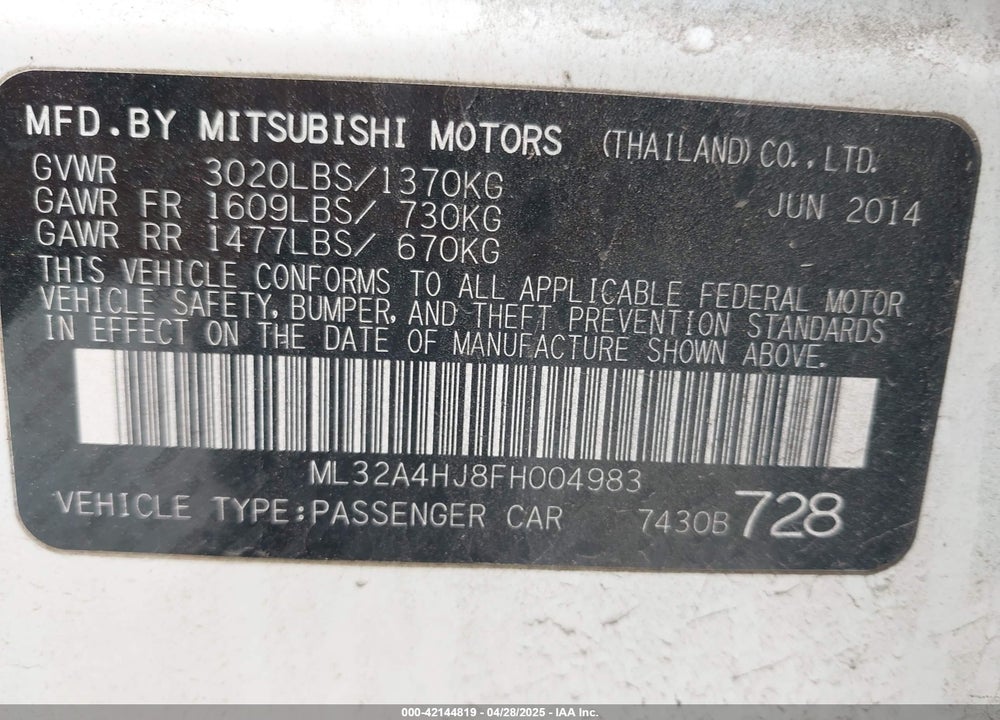 2015 MITSUBISHI MIRAGE ES VIN: ML32A4HJ8FH004983