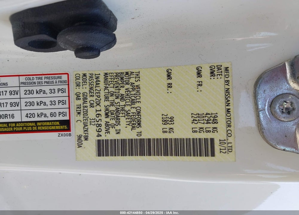 2013 NISSAN ALTIMA VIN: 1N4AL2EP2DC165894