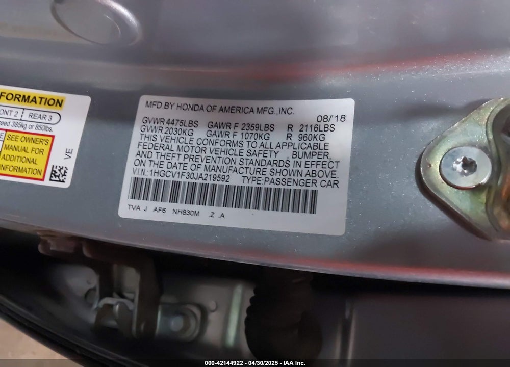 2018 HONDA ACCORD SPORT VIN: 1HGCV1F30JA219592
