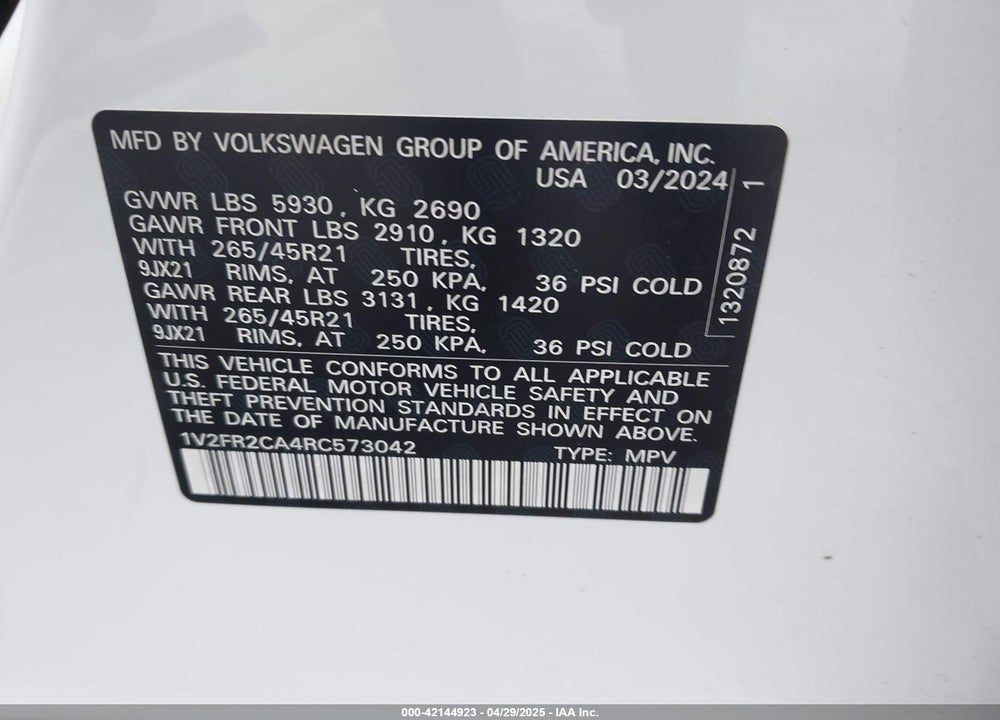 2024 VOLKSWAGEN ATLAS 2.0T SEL PREMIUM R-LINE VIN: 1V2FR2CA4RC573042