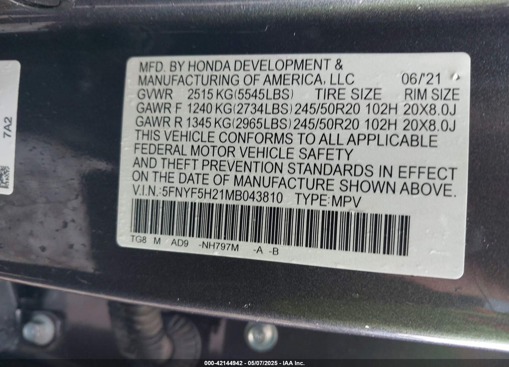 2021 HONDA PILOT 2WD SPECIAL EDITION VIN: 5FNYF5H21MB043810