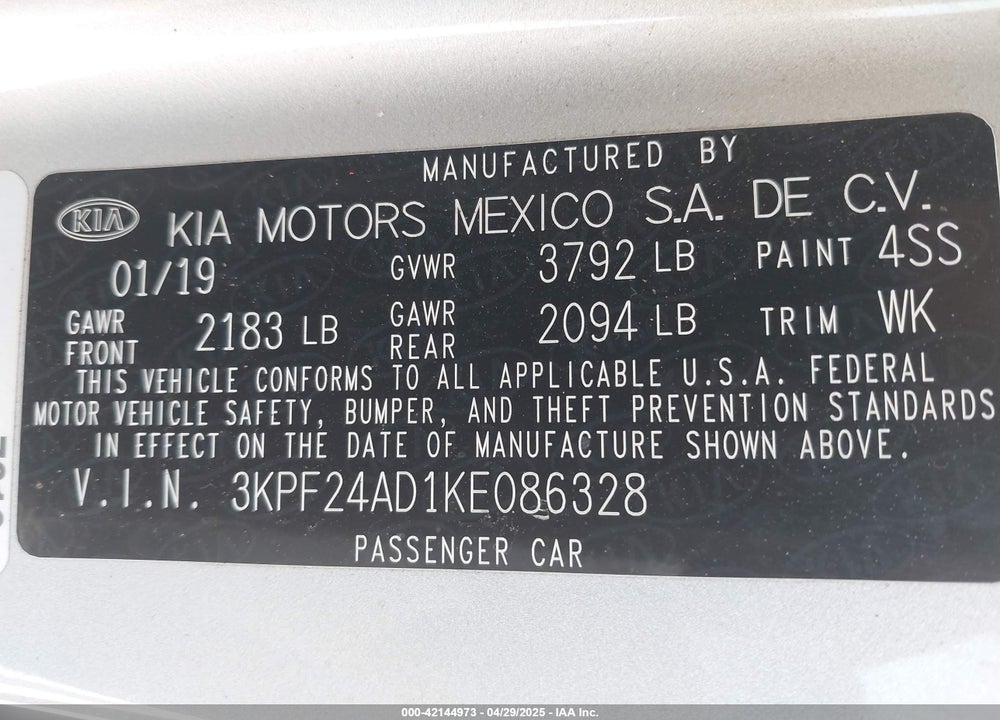 2019 KIA FORTE LXS VIN: 3KPF24AD1KE086328