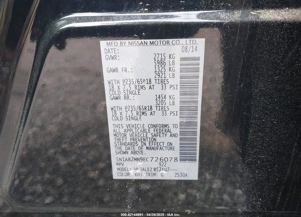 2014 NISSAN PATHFINDER VIN: 5N1AR2MN9EC726078