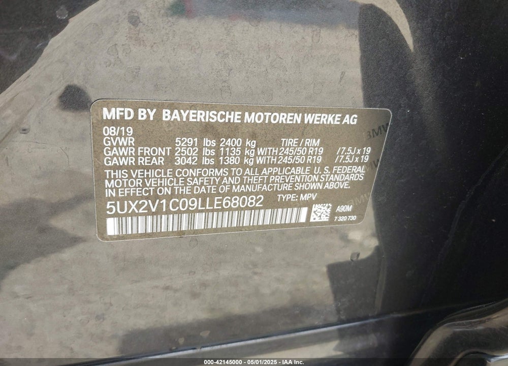 2020 BMW X4 XDRIVE30I VIN: 5UX2V1C09LLE68082