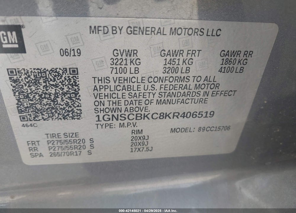 2019 CHEVROLET TAHOE LT VIN: 1GNSCBKC8KR406519