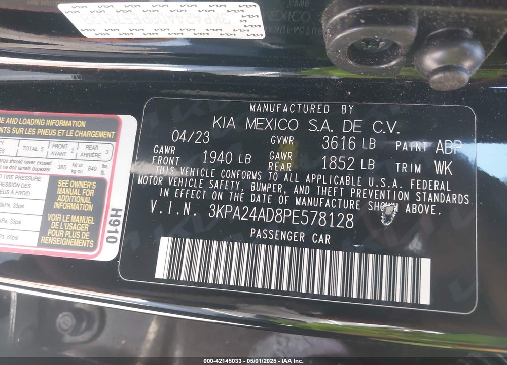 2023 KIA RIO S VIN: 3KPA24AD8PE578128
