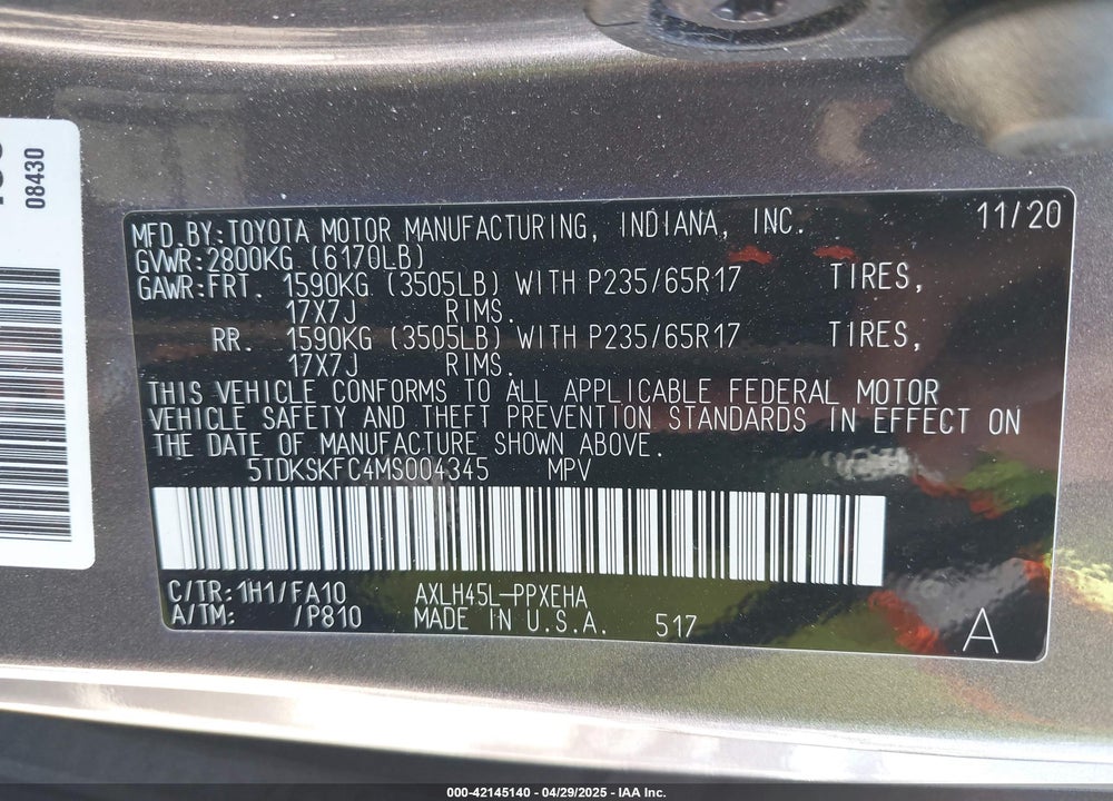 2021 TOYOTA SIENNA LE VIN: 5TDKSKFC4MS004345