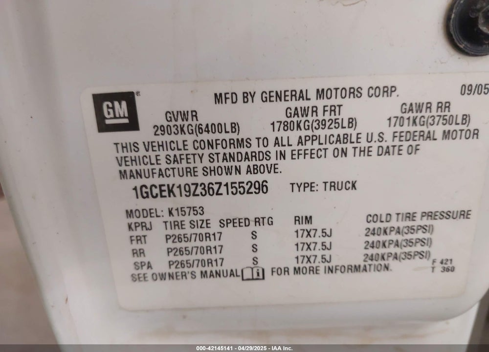 2006 CHEVROLET SILVERADO 1500 VIN: 1GCEK19Z36Z155296