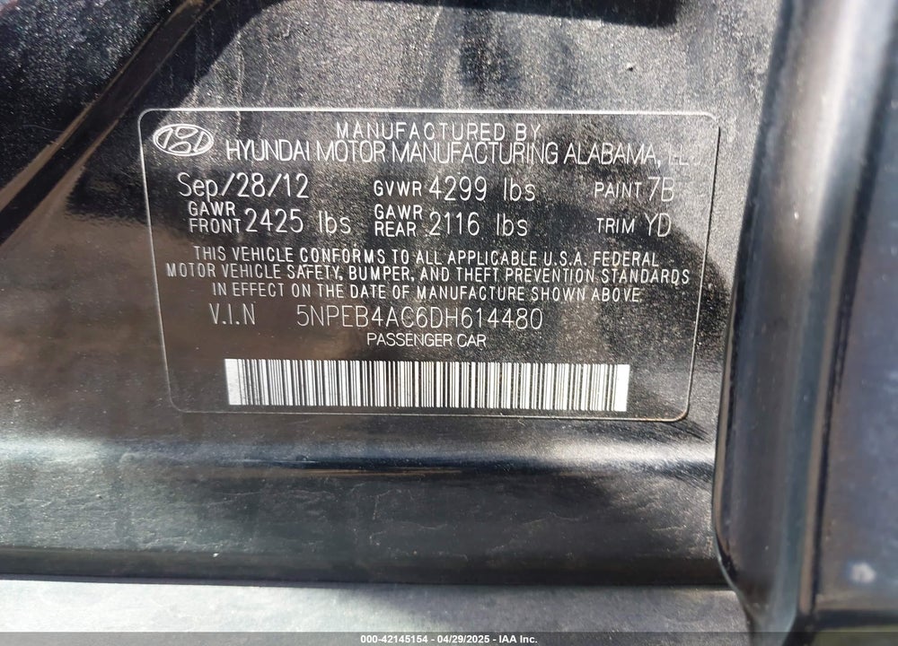 2013 HYUNDAI SONATA GLS VIN: 5NPEB4AC6DH614480