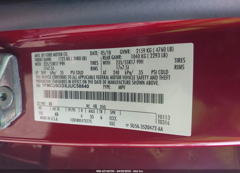 2018 FORD ESCAPE SE VIN: 1FMCU9GDXJUC58840
