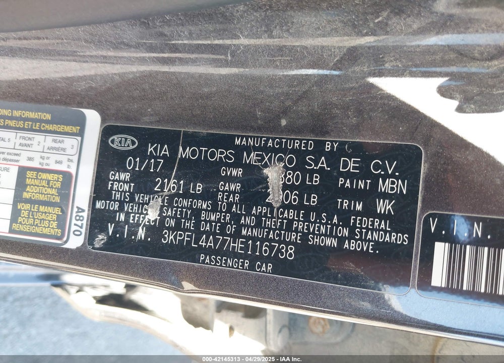 2017 KIA FORTE VIN: 3KPFL4A77HE116738