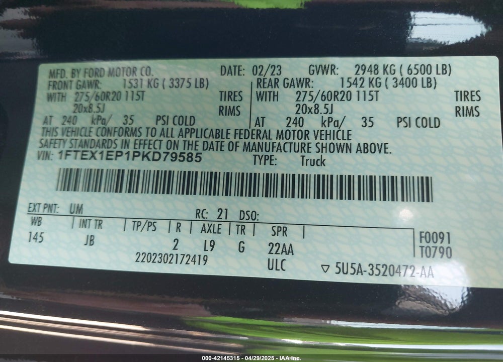 2023 FORD F-150 XL VIN: 1FTEX1EP1PKD79585