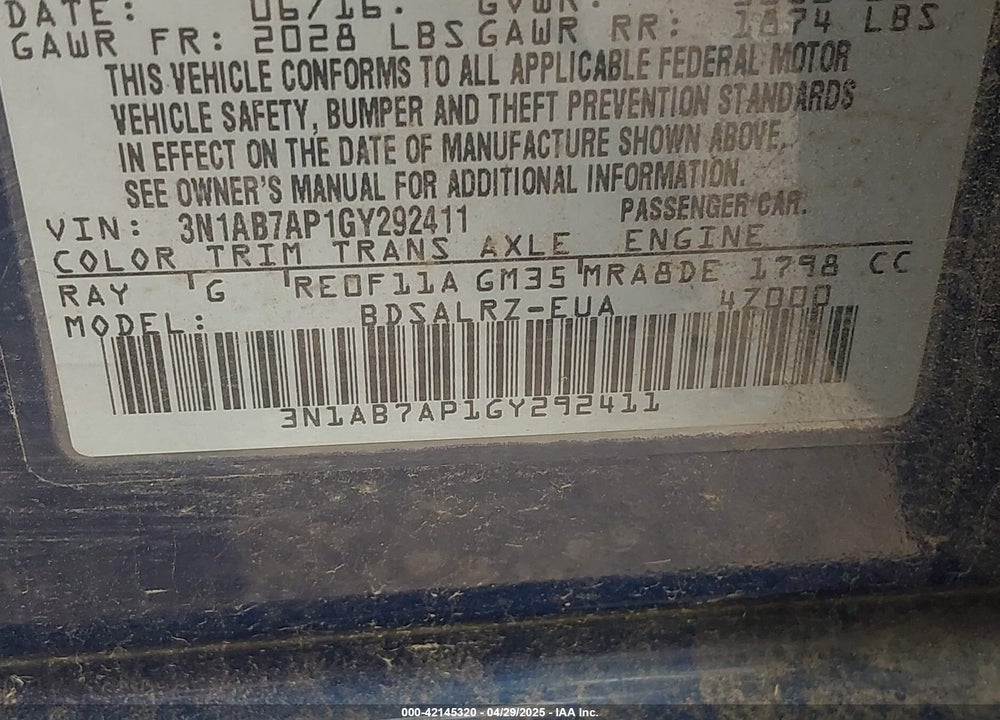 2016 NISSAN SENTRA VIN: 3N1AB7AP1GY292411