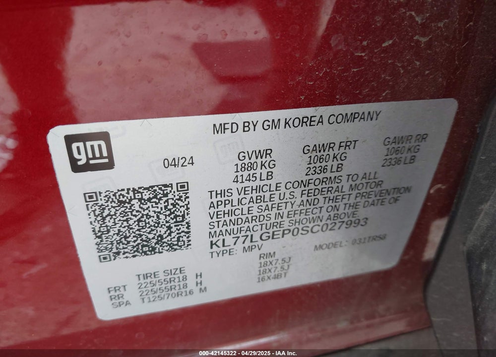 2025 CHEVROLET TRAX VIN: KL77LGEP0SC027993