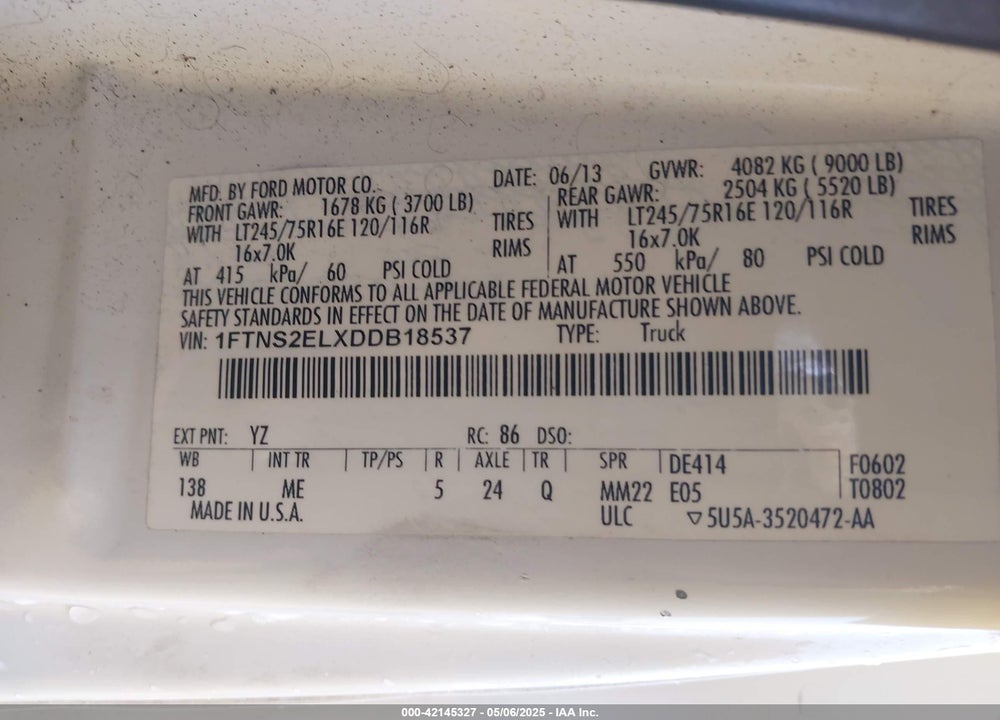 2013 FORD E-250 COMMERCIAL VIN: 1FTNS2ELXDDB18537