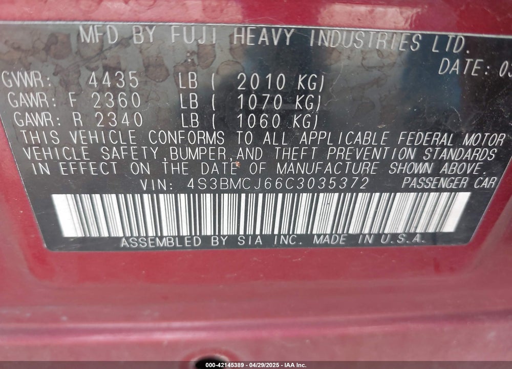 2012 SUBARU LEGACY VIN: 4S3BMCJ66C3035372