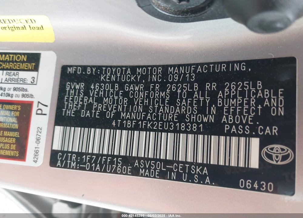 2014 TOYOTA CAMRY VIN: 4T1BF1FK2EU318381