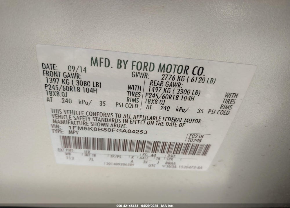 2015 FORD EXPLORER VIN: 1FM5K8B80FGA84253