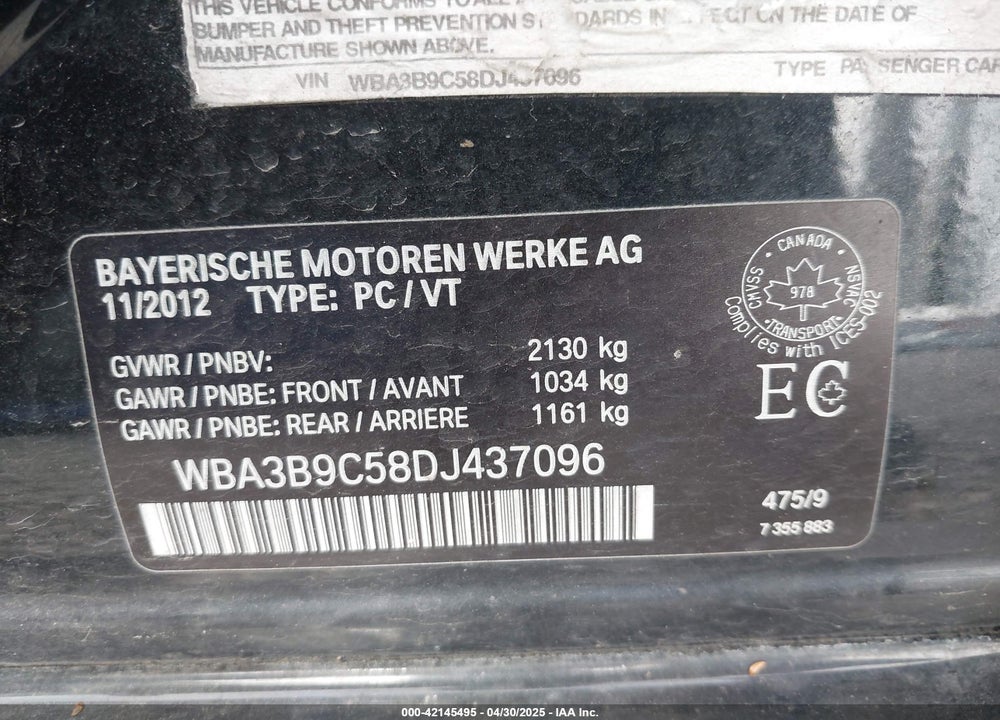 2013 BMW 335I VIN: WBA3B9C58DJ437096
