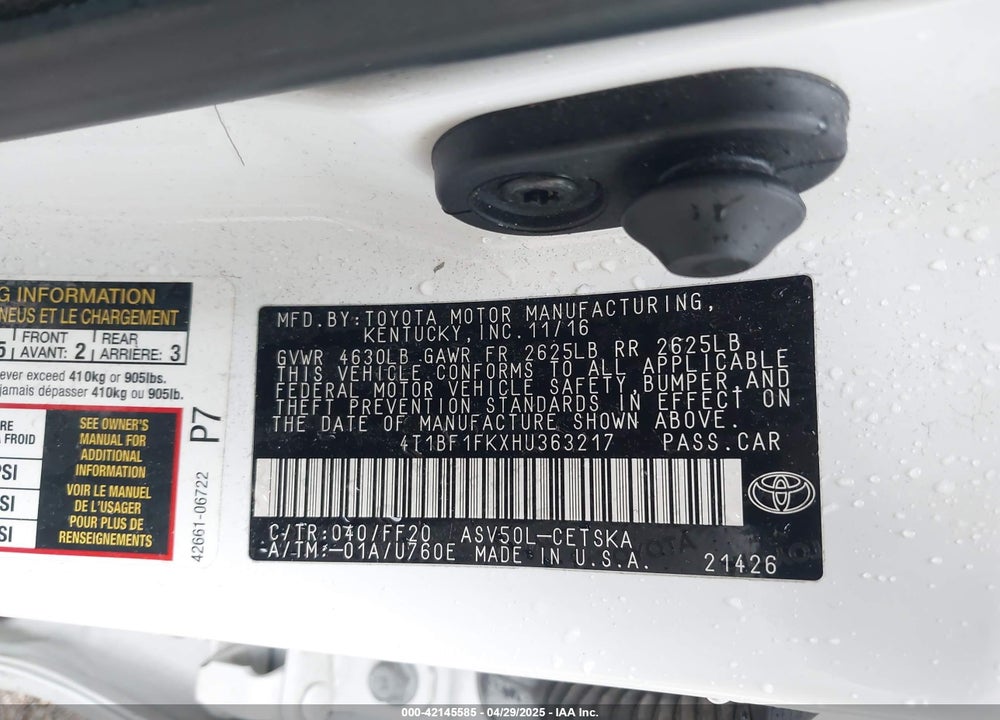 2017 TOYOTA CAMRY SE VIN: 4T1BF1FKXHU363217