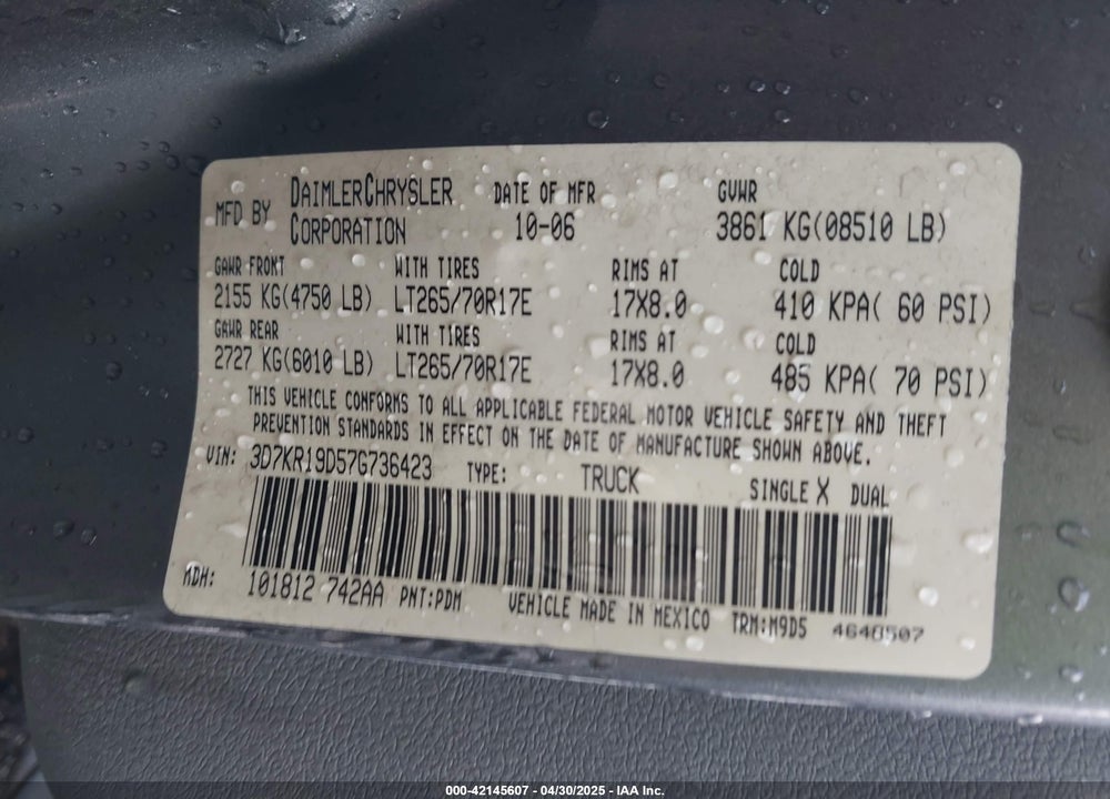 2007 DODGE RAM 1500 VIN: 3D7KR19D57G736423