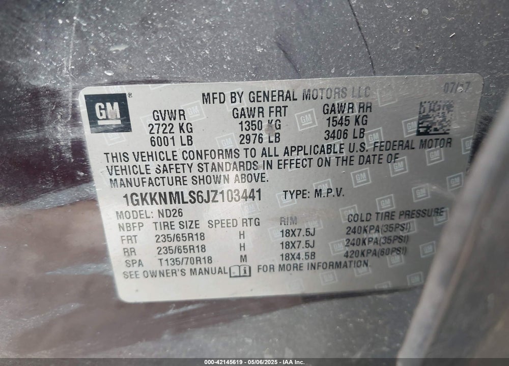 2018 GMC ACADIA VIN: 1GKKNMLS6JZ103441