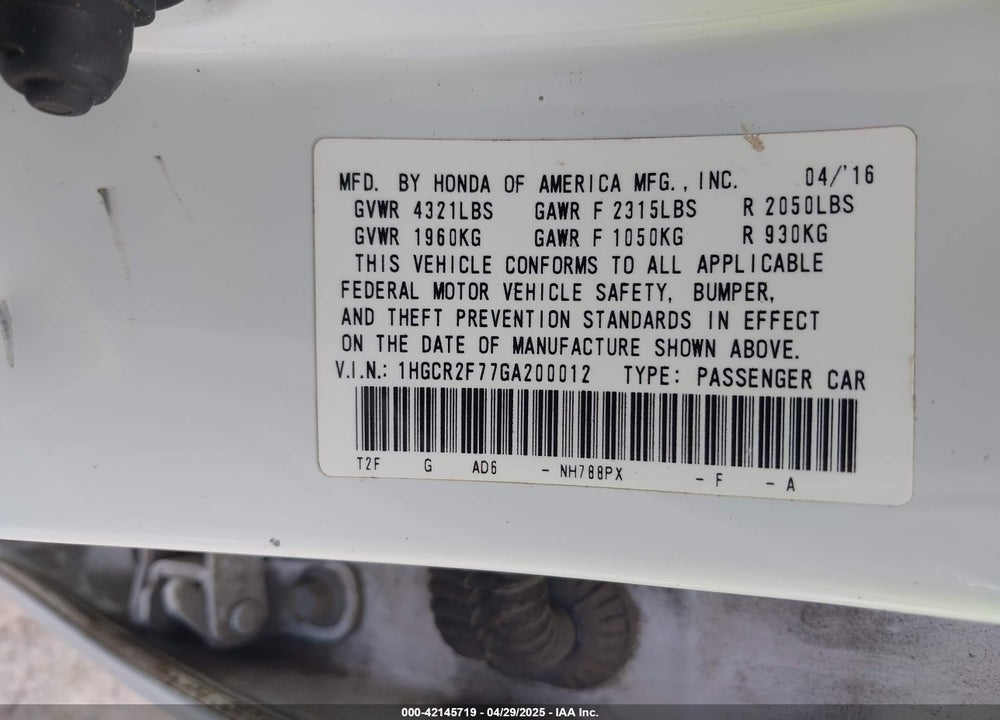 2016 HONDA ACCORD VIN: 1HGCR2F77GA200012