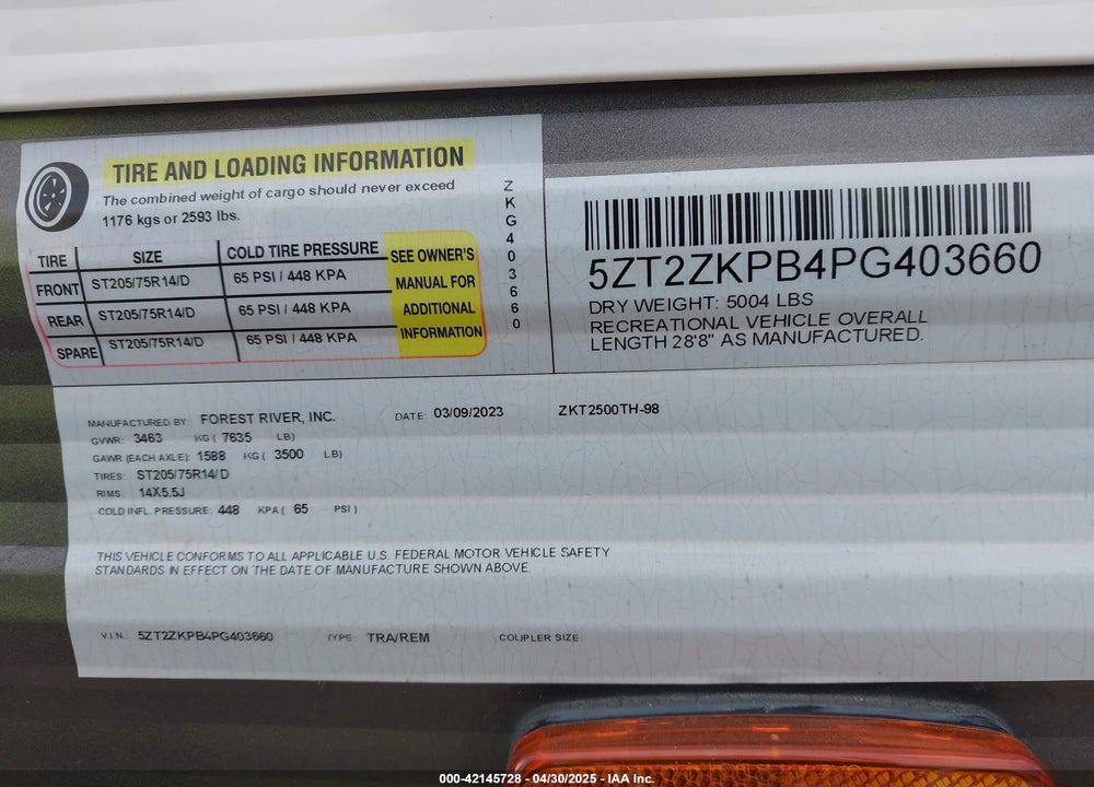 2023 THOR MOTOR HOME VIN: 5ZT2ZKPB4PG403660