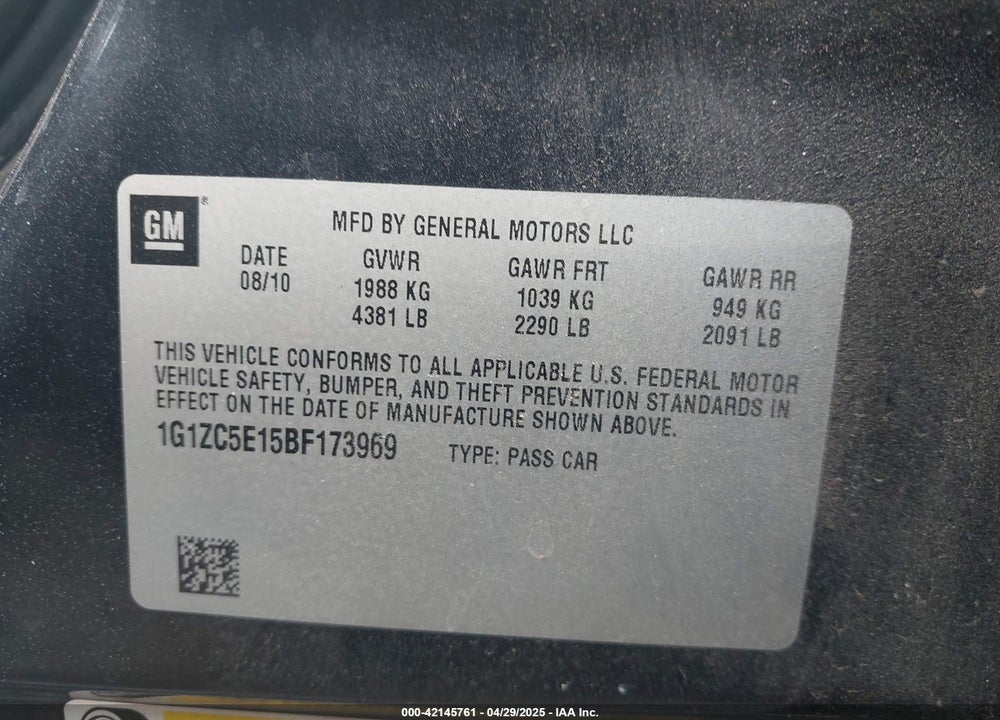 2011 CHEVROLET MALIBU 1LT VIN: 1G1ZC5E15BF173969