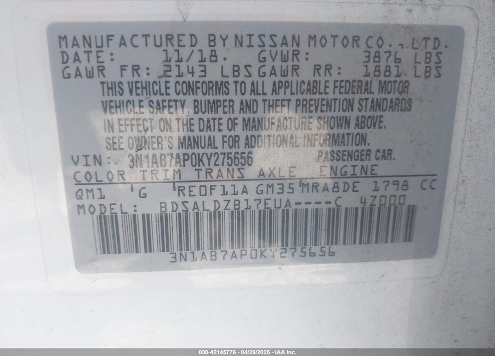 2019 NISSAN SENTRA VIN: 3N1AB7AP0KY275656