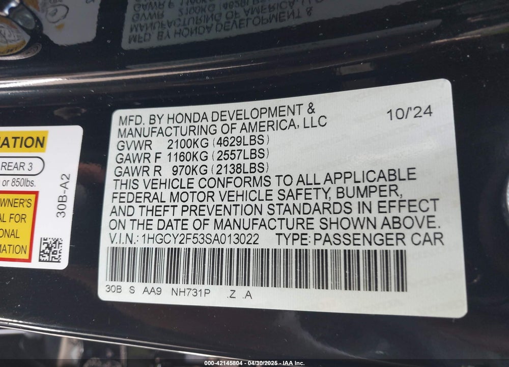 2025 HONDA ACCORD HYBRID SPORT VIN: 1HGCY2F53SA013022