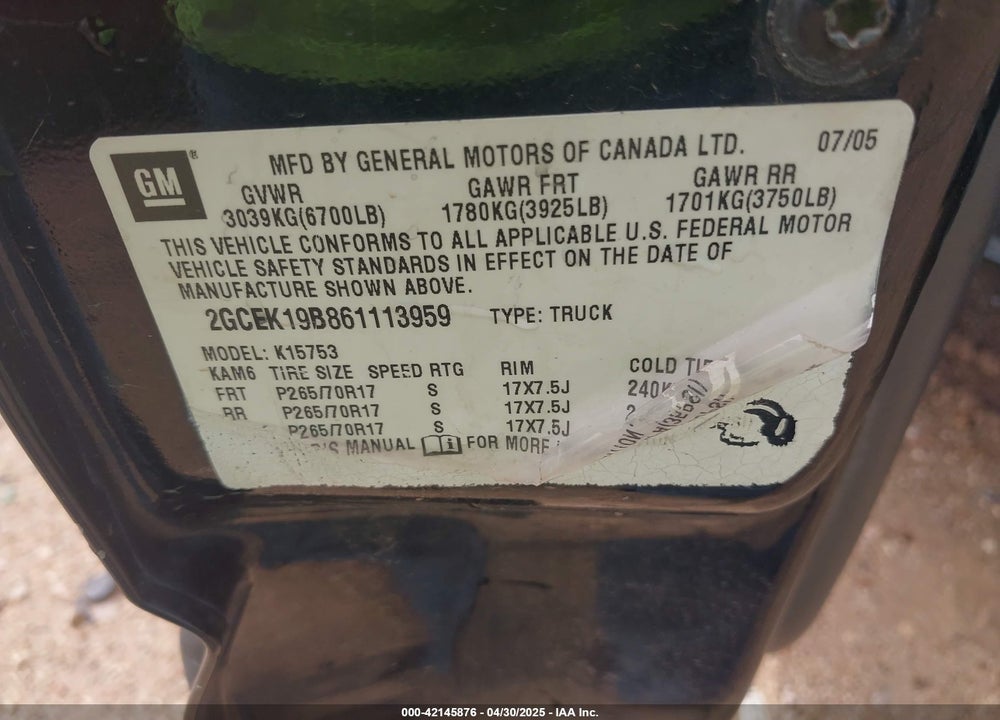 2006 CHEVROLET SILVERADO 1500 VIN: 2GCEK19B861113959