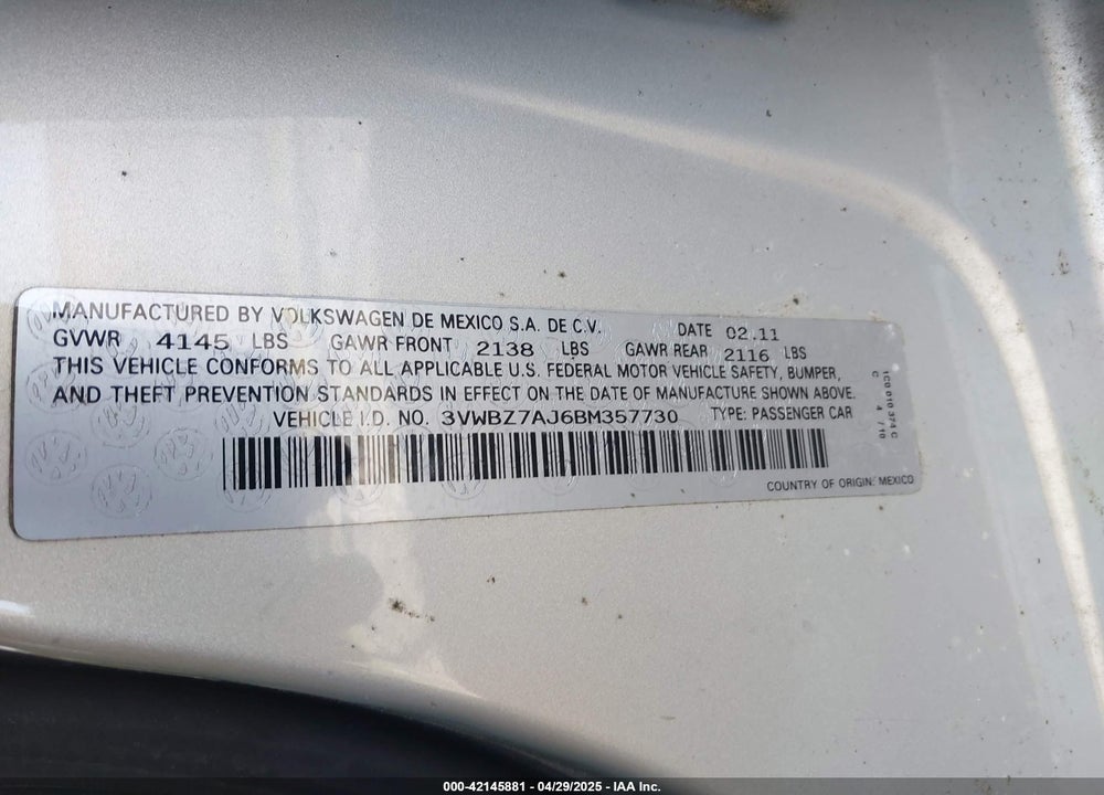 2011 VOLKSWAGEN JETTA VIN: 3VWBZ7AJ6BM357730