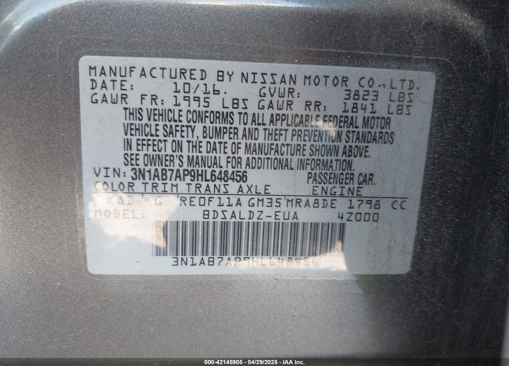 2017 NISSAN SENTRA VIN: 3N1AB7AP9HL648456