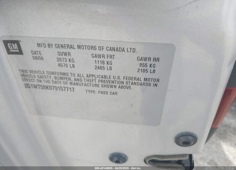 2007 CHEVROLET IMPALA LT VIN: 2G1WT58K979157717