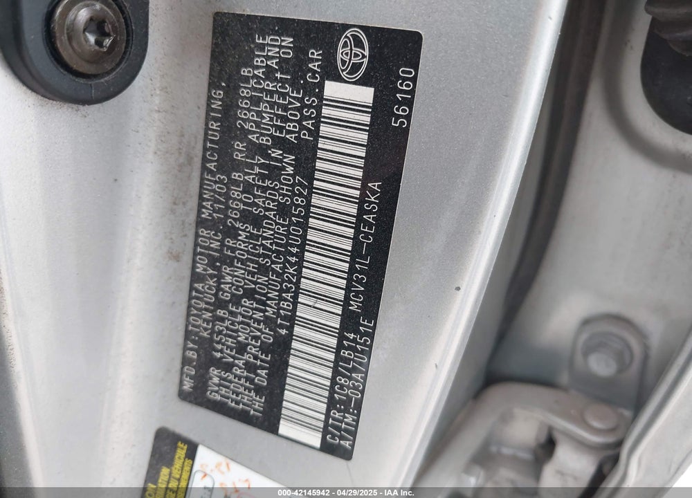 2004 TOYOTA CAMRY SE V6 VIN: 4T1BA32K44U015827