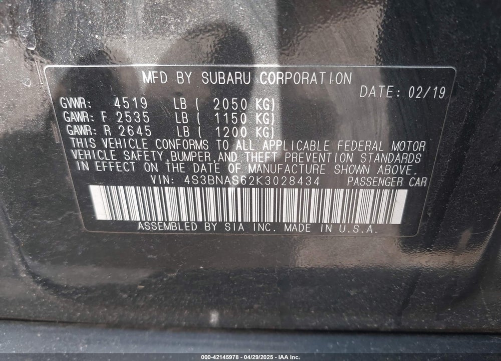 2019 SUBARU LEGACY VIN: 4S3BNAS62K3028434