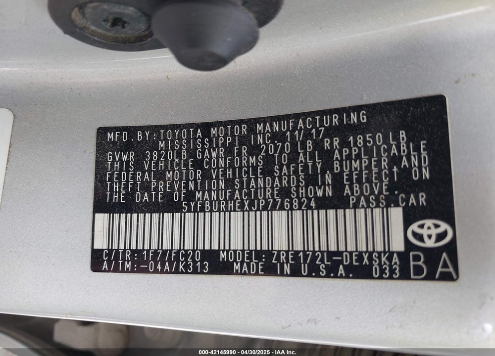 2018 TOYOTA COROLLA SE VIN: 5YFBURHEXJP776824