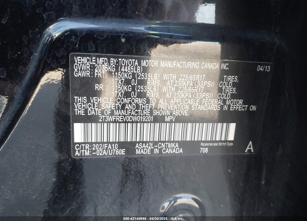 2013 TOYOTA RAV4 XLE VIN: 2T3WFREV0DW019201