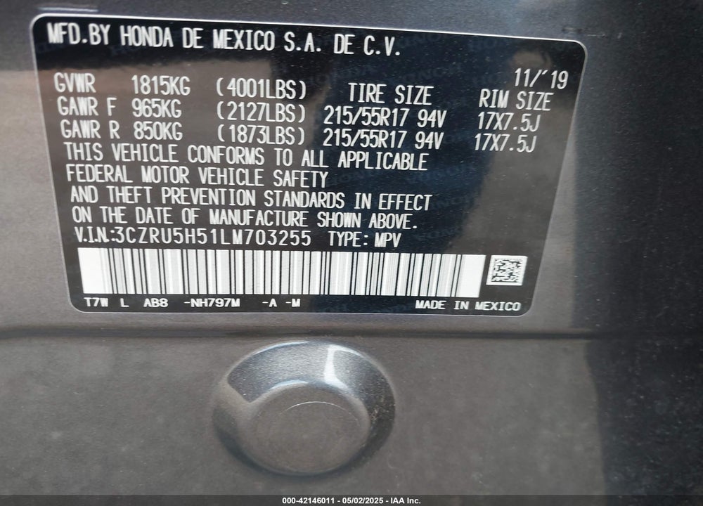 2020 HONDA HR-V 2WD EX VIN: 3CZRU5H51LM703255