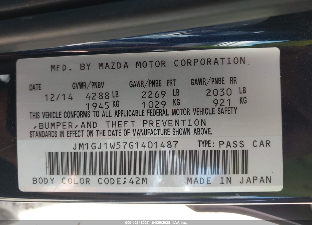 2016 MAZDA MAZDA6 VIN: JM1GJ1W57G1401487