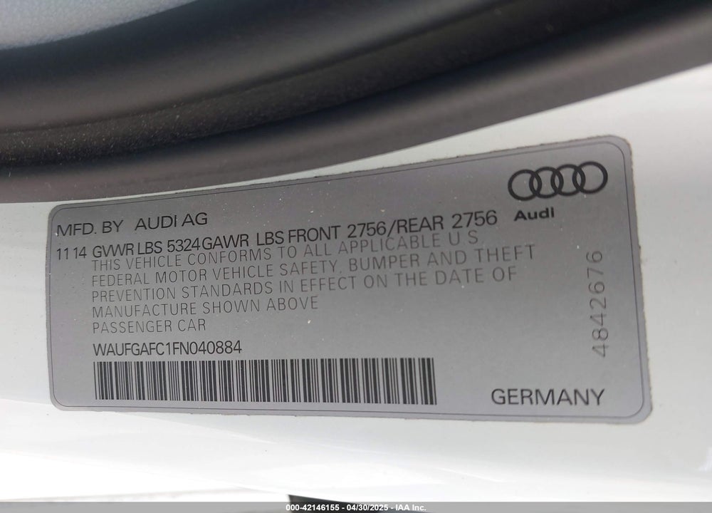2015 AUDI A6 VIN: WAUFGAFC1FN040884