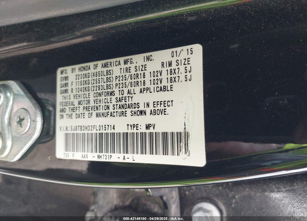 2015 ACURA RDX VIN: 5J8TB3H32FL015714