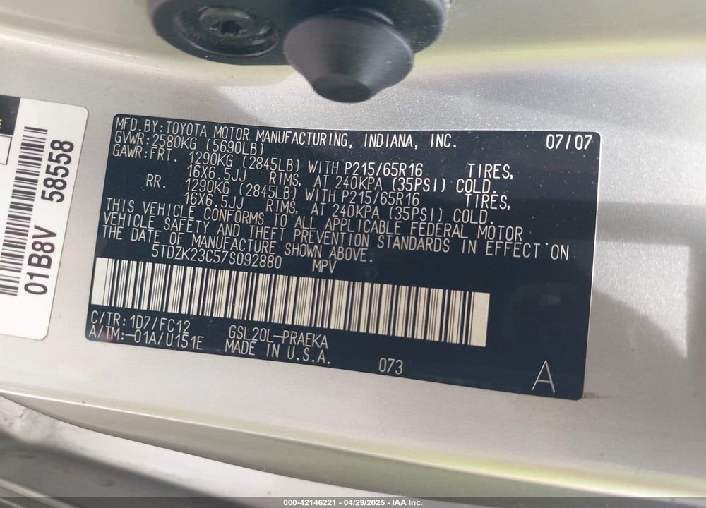 2007 TOYOTA SIENNA VIN: 5TDZK23C57S092880