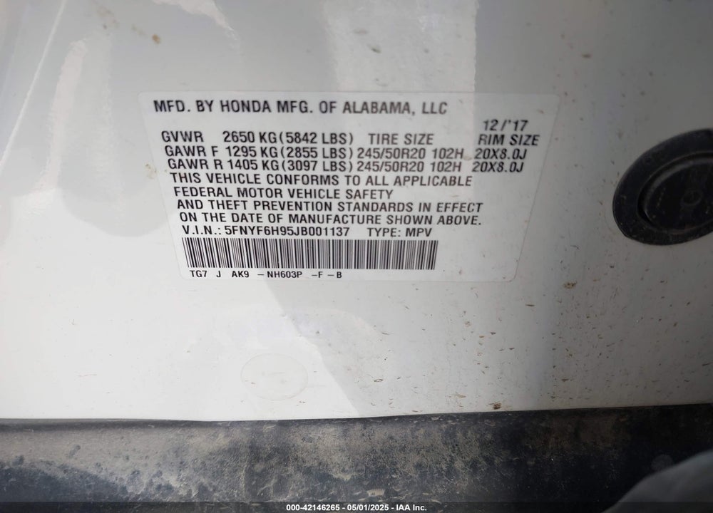 2018 HONDA PILOT VIN: 5FNYF6H95JB001137
