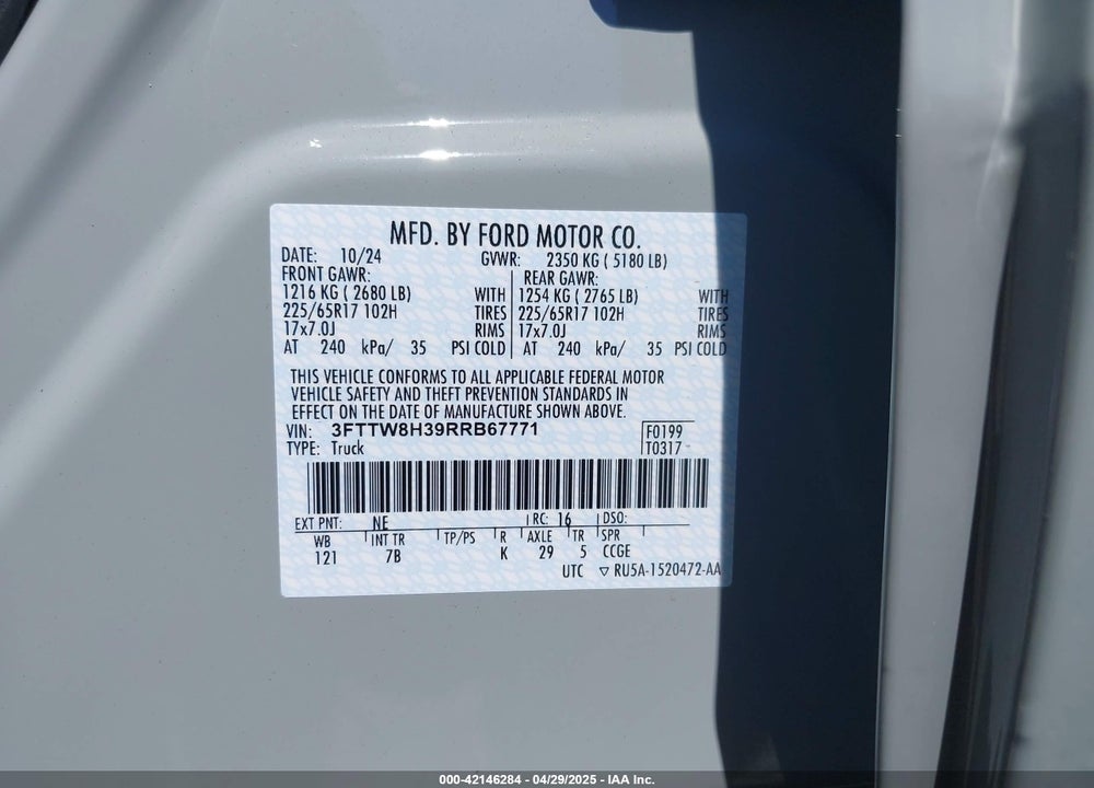2024 FORD MAVERICK XLT VIN: 3FTTW8H39RRB67771