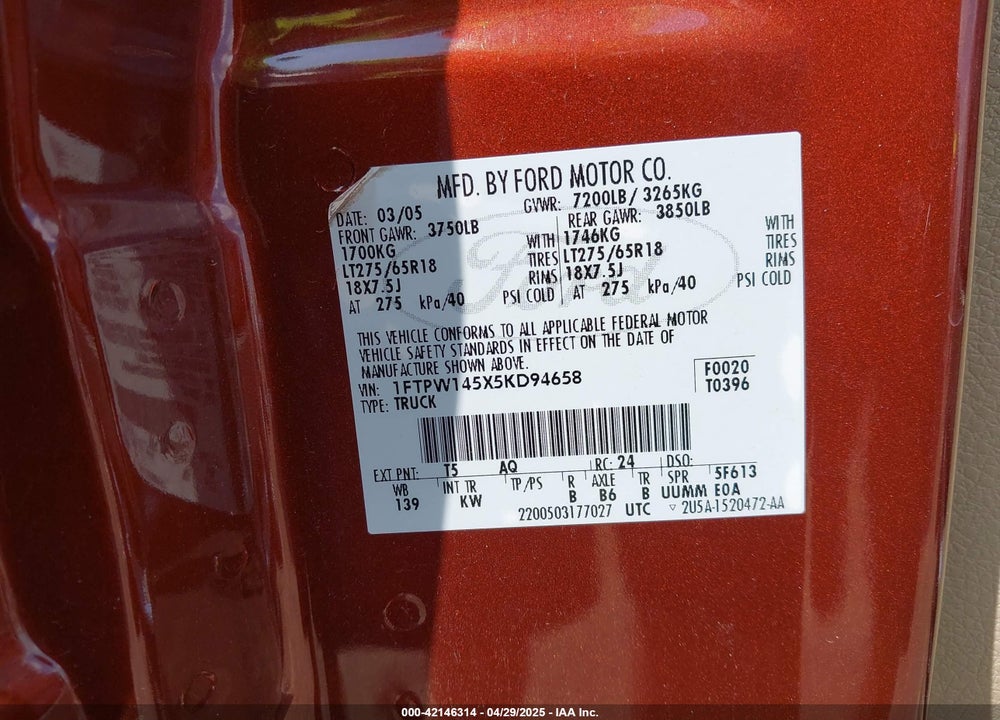 2005 FORD F-150 FX4/LARIAT/XLT VIN: 1FTPW145X5KD94658